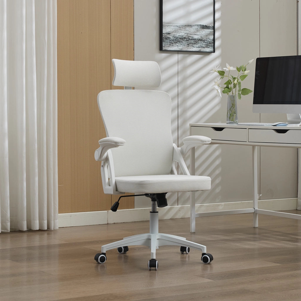 Sedia da ufficio ergonomica in rete traspirante con supporto lombare regolabile e braccioli ribaltabili bianca