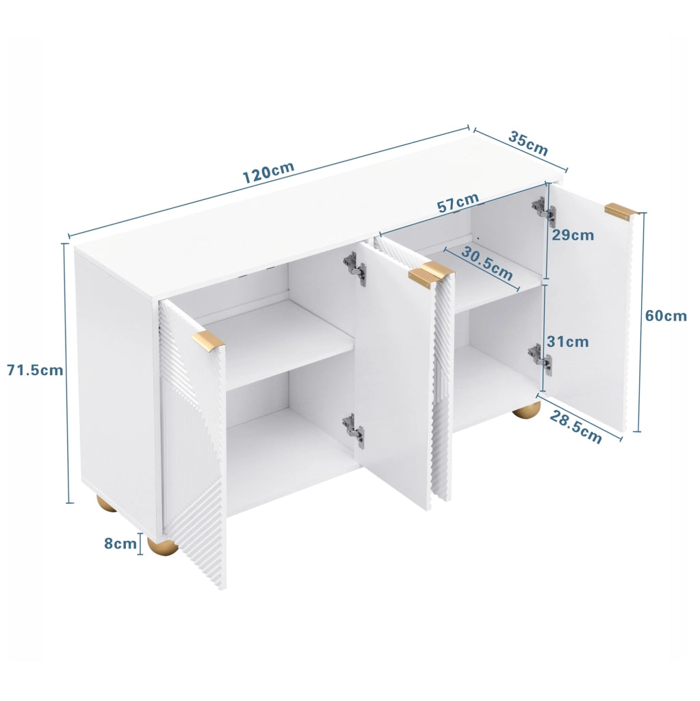 Credenza a 4 ante con ripiani interni regolabili; dettagli incisi e gambe sferiche; bianco; 120 cm in MDF