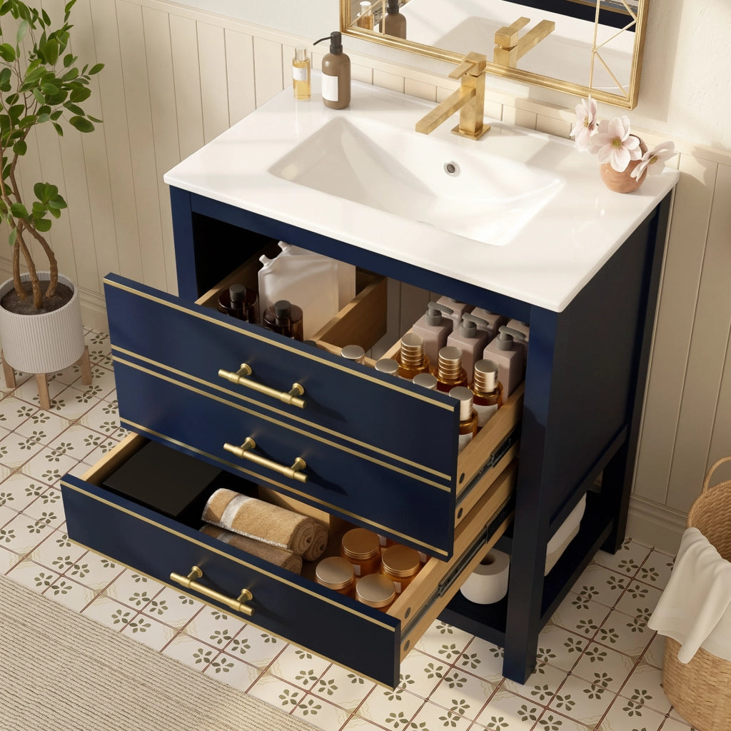 Mobile Bagno Sottolavabo con Lavabo in Ceramica ¨C MINIMAL ¨C 2 Cassetti, MDF Laccato, Maniglie Dorate