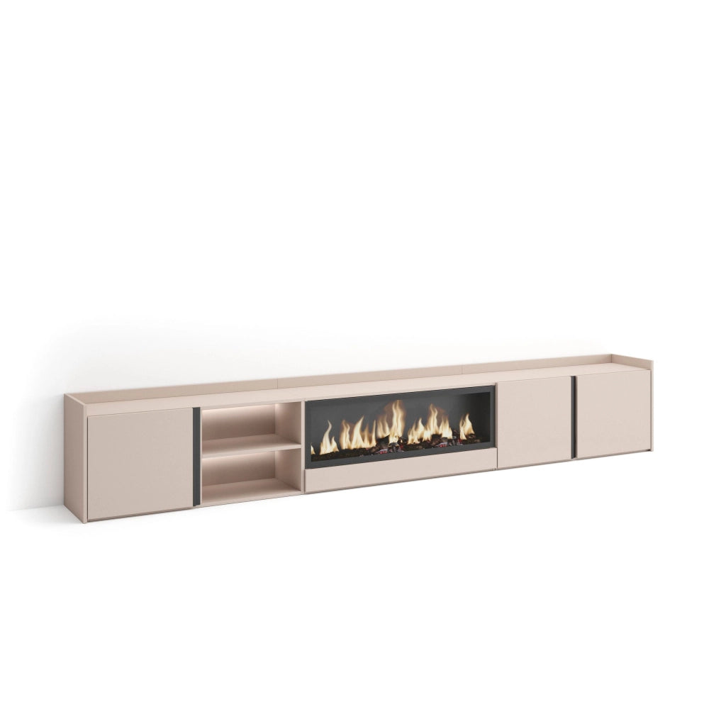 Mobile TV Soggiorno, 315x50x35 cm, Per TV fino a 80", Camino elettrico XXL, LED, Beige