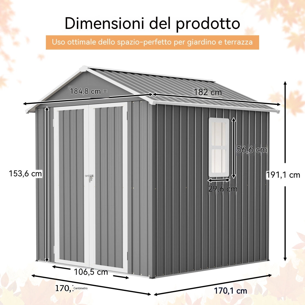 Casetta da Giardino 185x182x191 cm in Metallo Grigio - Resistente alle intemperie