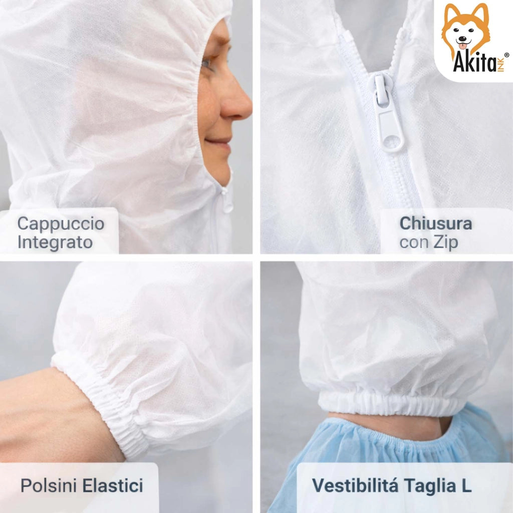 Akitaink Tuta Monouso in PP con Cappuccio e Zip 5 Pz Taglia L