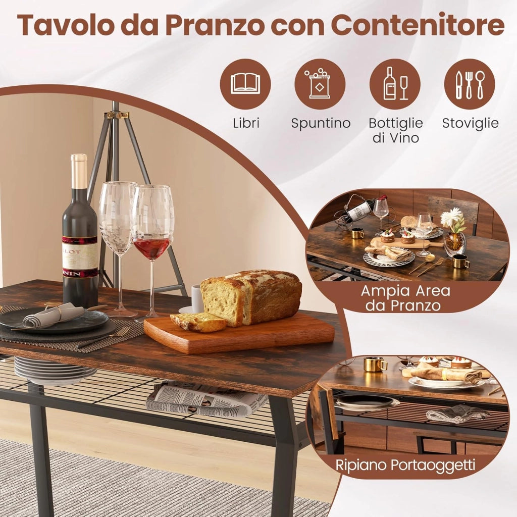 Set da Tavolo e Sedie da Pranzo, Tavolo da Pranzo con 4 Sedie Industriale, Set 5 Pezzi Mobili con Mensola Portaoggetti e Telaio in Metallo, per Cucina Sala da Pranzo, 110 x 70 cm (Marrone)
