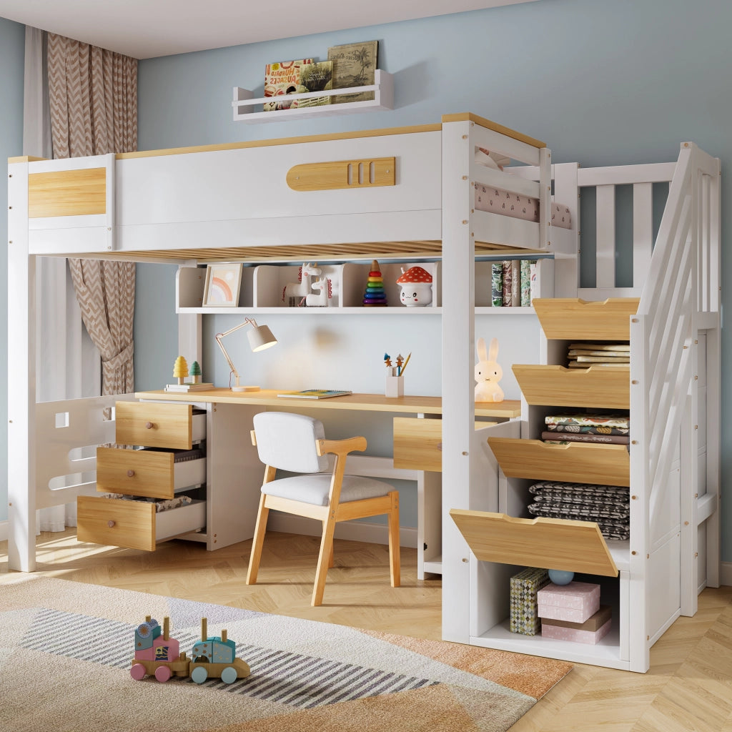 Letto a Soppalco 90x200 cm - Scrivania; Cassetti e Scala Contenitore - Bianco