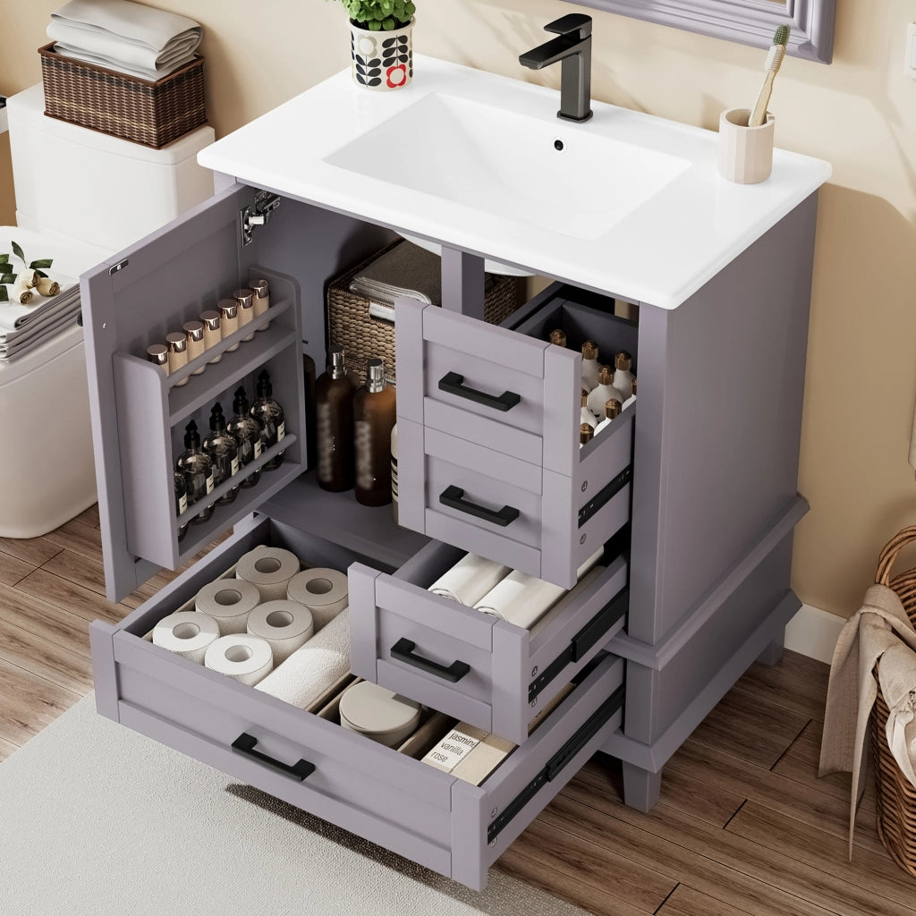 Mobile bagno freestanding con lavabo in ceramica integrato, 76x46x83,5 cm, grigio