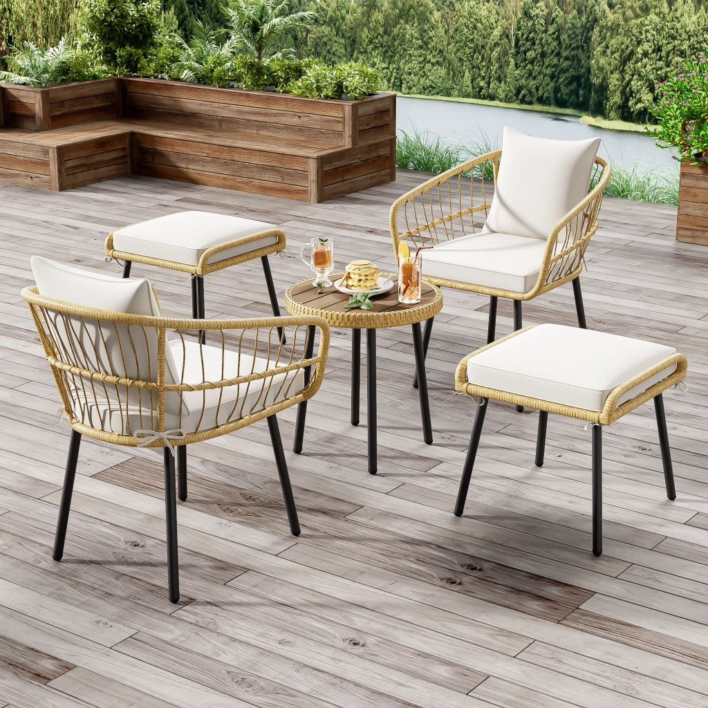 Set salotto giardino 5 pezzi: tavolo pranzo + 2 sedie + 2 sgabelli; rattan; naturale