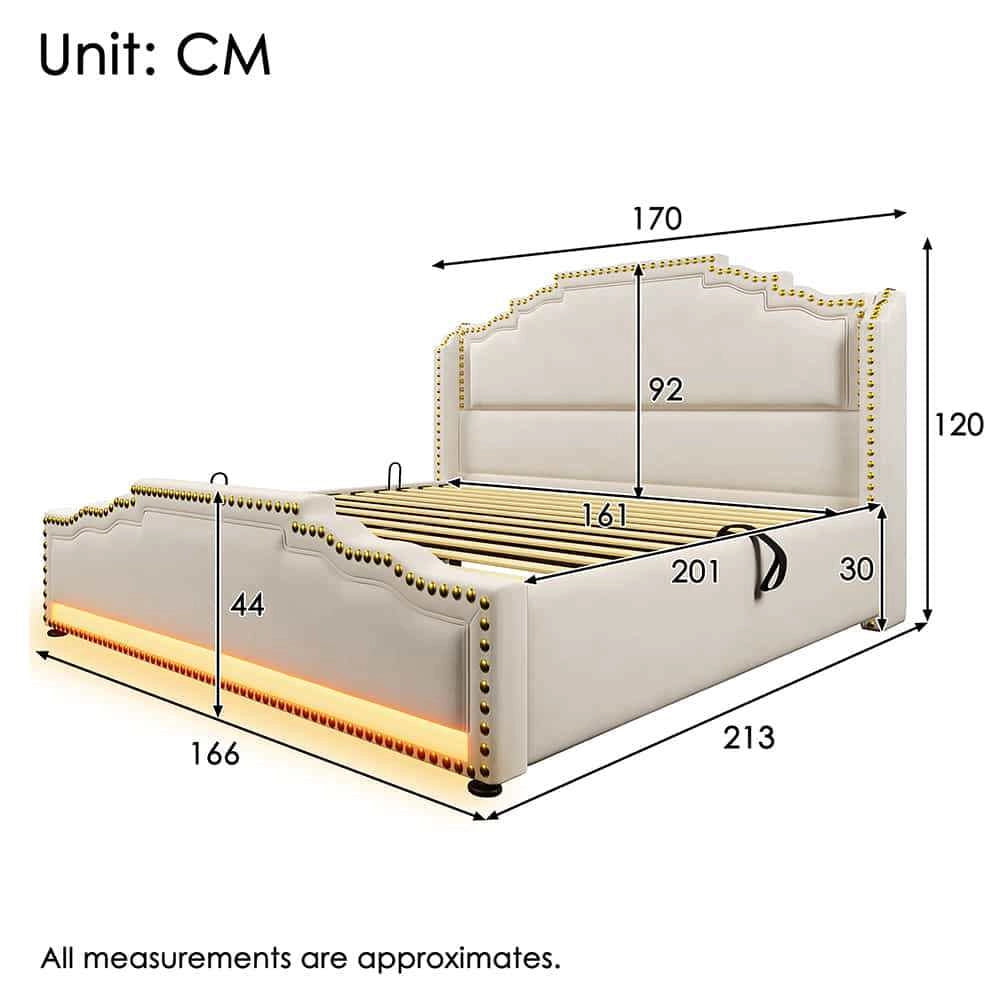 Letto matrimoniale-Xylo-160x200 cm-idraulico, LED, USB-C, velluto beige, con materasso