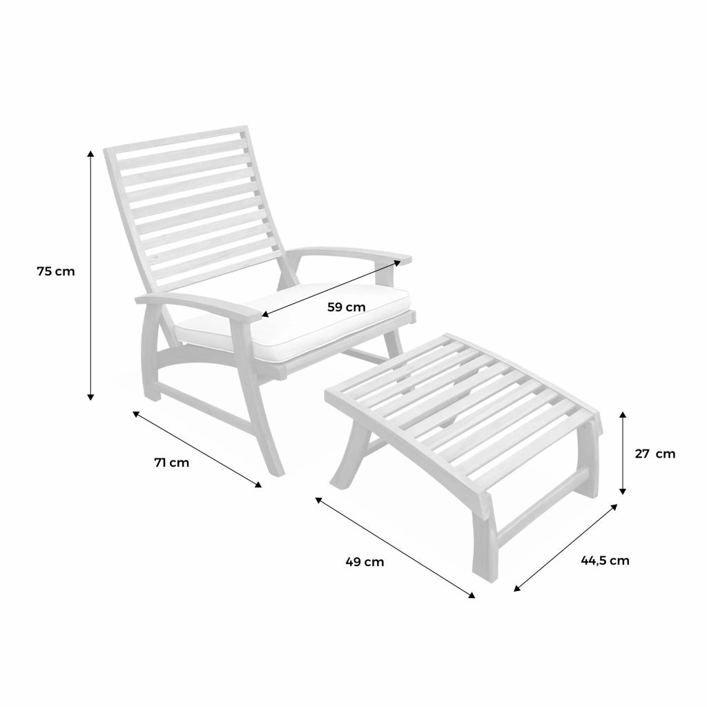 Set 2 sedie con cuscino e poggiapiedi in legno, teak