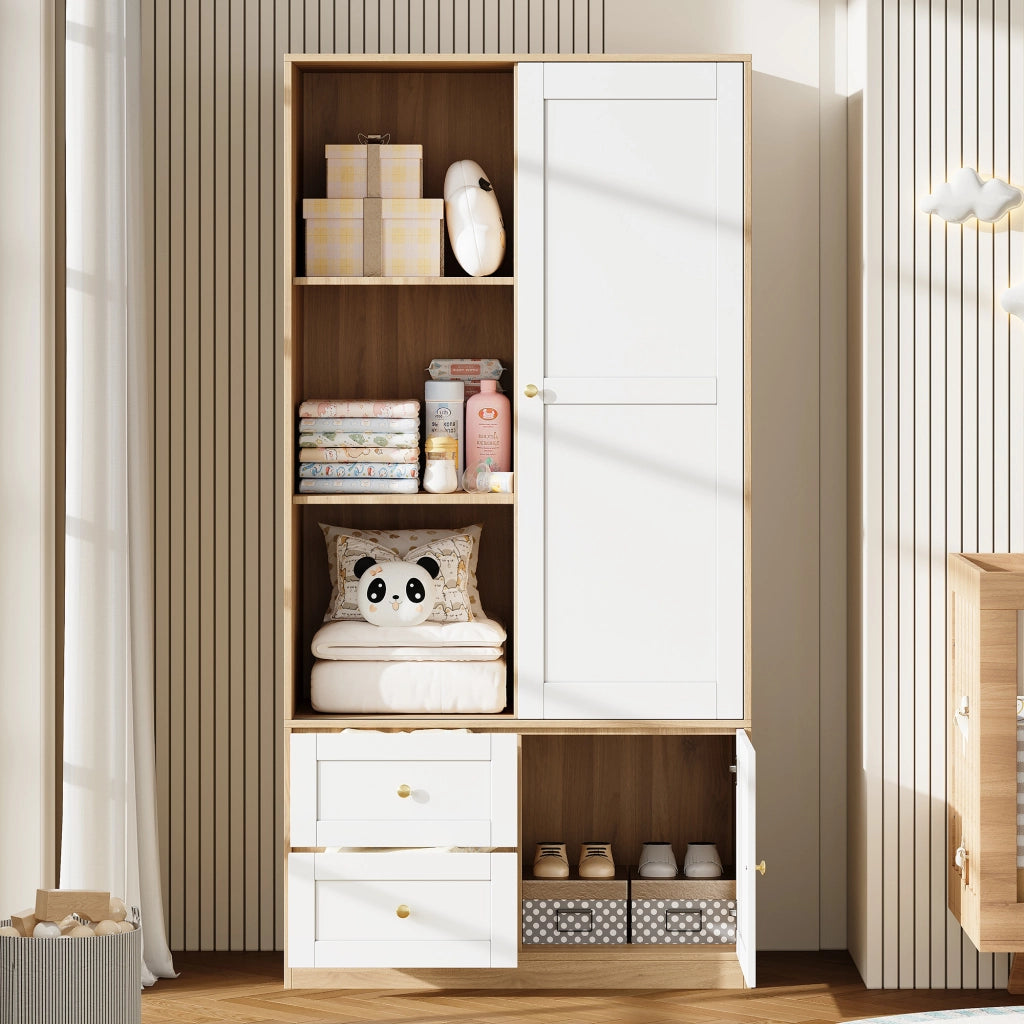 Armadio con porta scorrevole, struttura semiaperta con asta appendiabiti e 2 cassetti, 90×50×180 cm, MDF, Naturale/Bianco