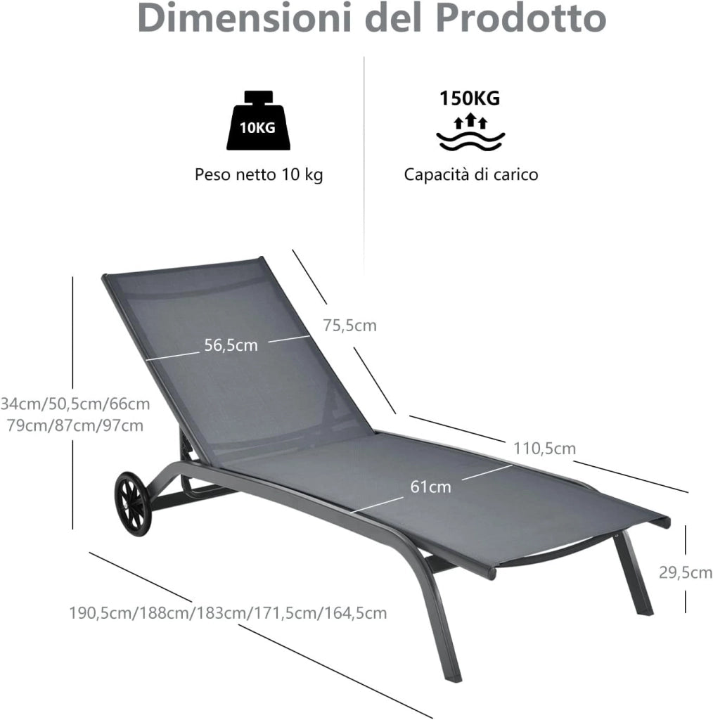 Lettino Prendisole con Ruote, Sdraio da Giardino Regolabile in 6 Posizioni, Struttura Metallica e Tessuto Traspirante, per Giardino, Piscina e Spiaggia, Portata 150 kg (1, Grigio)