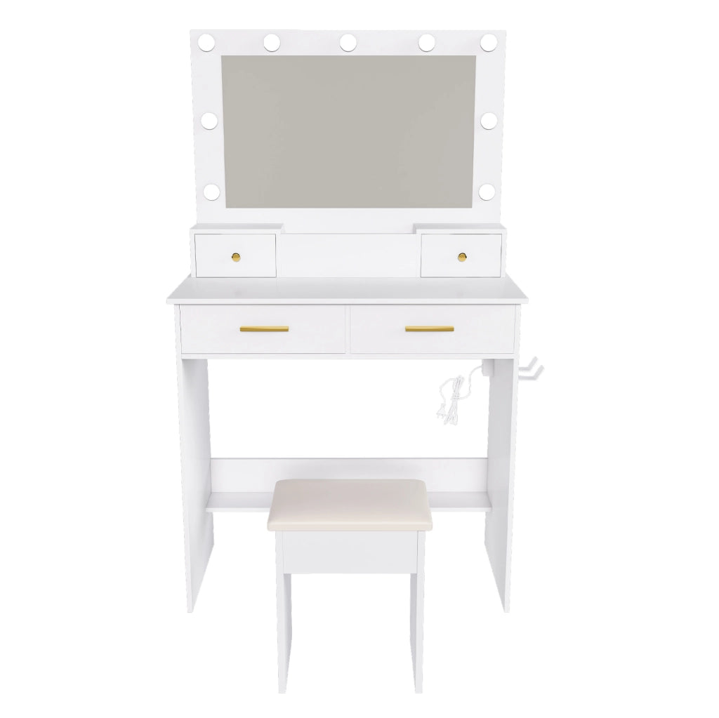 Toeletta con LED a 3 tonalitÃ , presa, 4 cassetti e sgabello in MDF bianco