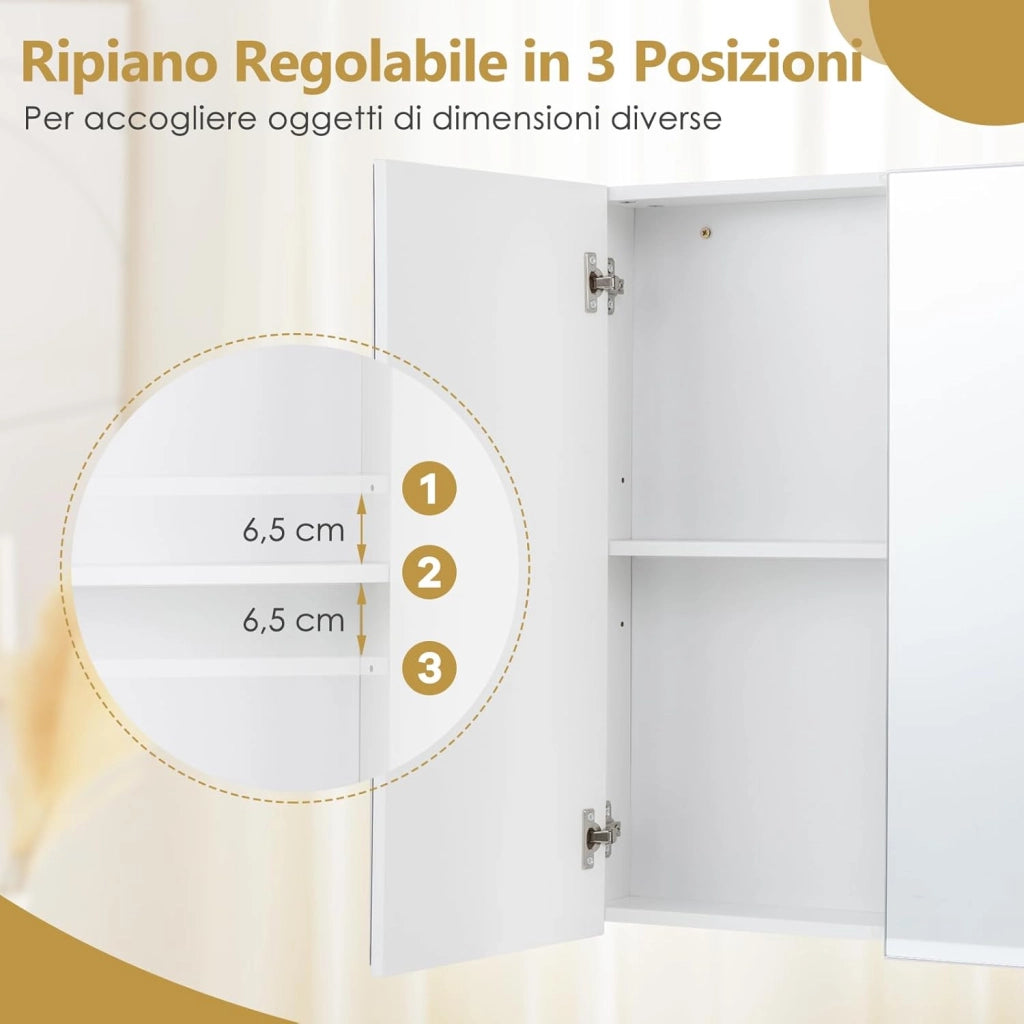 Armadietto da Bagno con Specchio a 2 Ante, Mobiletto da Parete Pensile con Mensola Regolabile, Mobile Bagno Sospeso con Specchiera 65 x 62 x 11 cm, Bianco