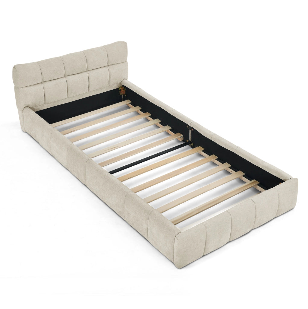 Letto imbottito 90x200 cm con cuciture quadrate in ciniglia beige