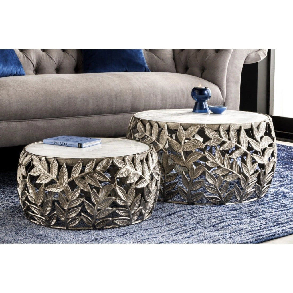 Set di 2 tavolini METRIX argentati con piano in marmo - Tavolini con design a motivo fogliame