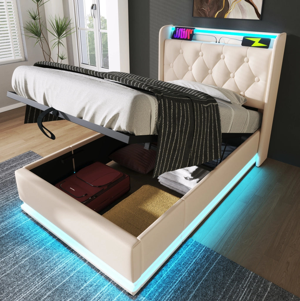 Letto singolo imbottito con LED 360°, USB e contenitore idraulico