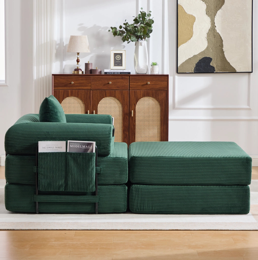 Divano modulare velluto a coste verde con pouf, cuscino e tasca laterale