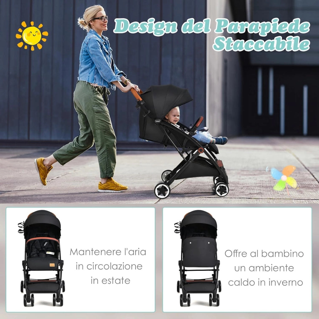 Passeggino Leggero per Bambini, Carrozzina con Schienale Regolabile, Passeggino Pieghevole con Ruote Universali, Sacco a fondo,per Bambini 0-36 Mesi, Portata 15 kg(Nero)