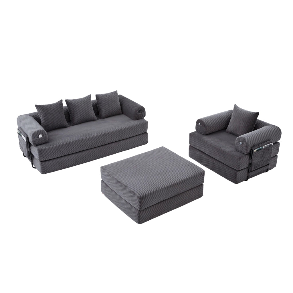 Divano modulare in corduroy a 4 posti con pouf, struttura in metallo, tasca laterale e cuscini