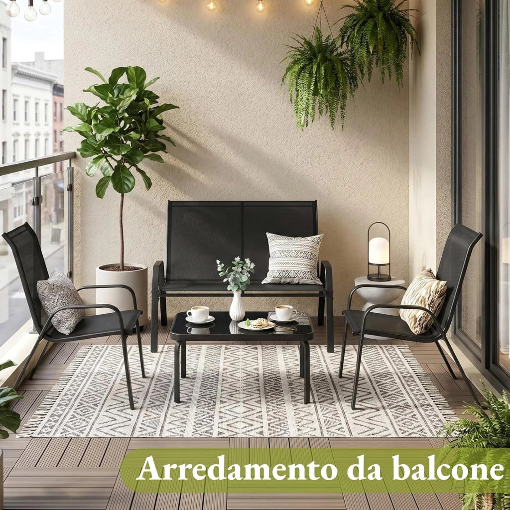 Set Salotto da Giardino 4 Pezzi, Set Mobili da Esterno con Divano 2 Posti, 2 Poltrone, 1 Tavolino in vetro, Textilene Traspirante, Set da Conversazioni per Piccolo Balcone, Terrazzo (Nero)