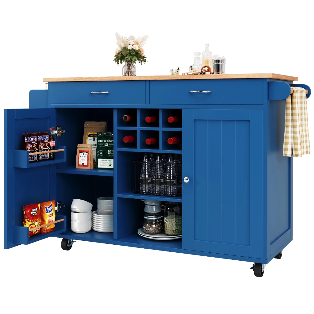 Carrello da Cucina con Ripiani Regolabili; Portabottiglie e Ruote con Freno; in MDF e Metallo; Blu; 102x45x92 cm