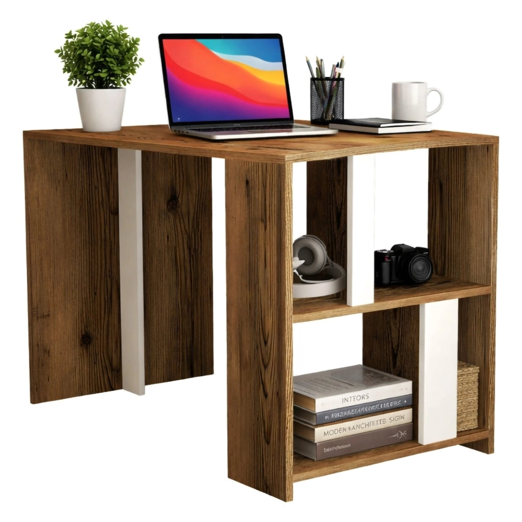 Scrivania Bising, Scrittoio multiuso, Tavolo per ufficio porta PC, Piano di lavoro, 120x60h75 cm, Noce e Bianco