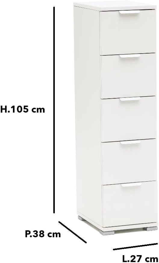Cassettiera Salvaspazio Bianca 5 Cassetti 27x38x105 cm