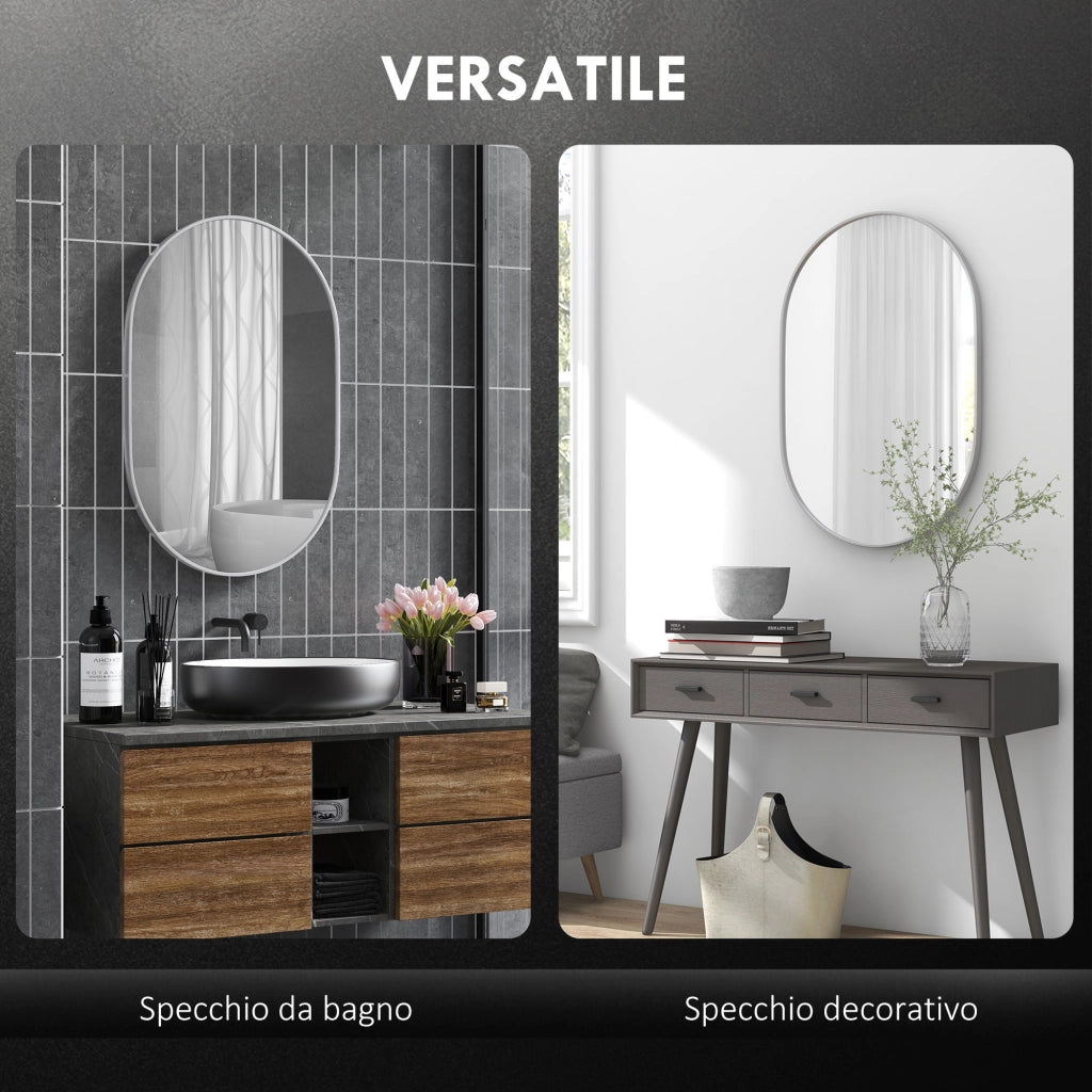 Specchio Bagno da Parete Ovale con Cornice in Alluminio ¨C zephmum ¨C Argento 60x90 cm