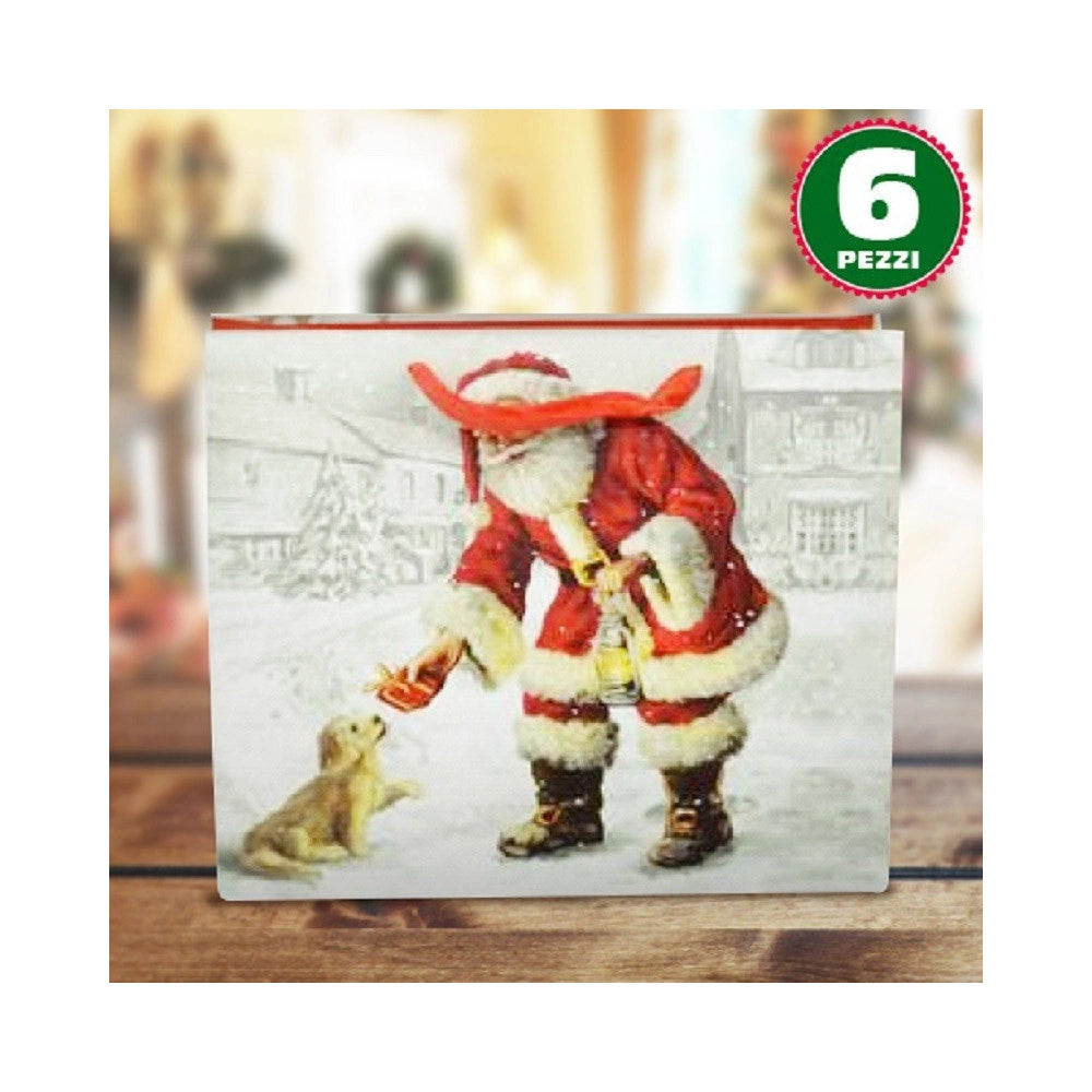 Trade Shop - 6 Buste Da Regalo Stampa Babbo Natale Classico Con Manici Rossi 31x26x12cm -