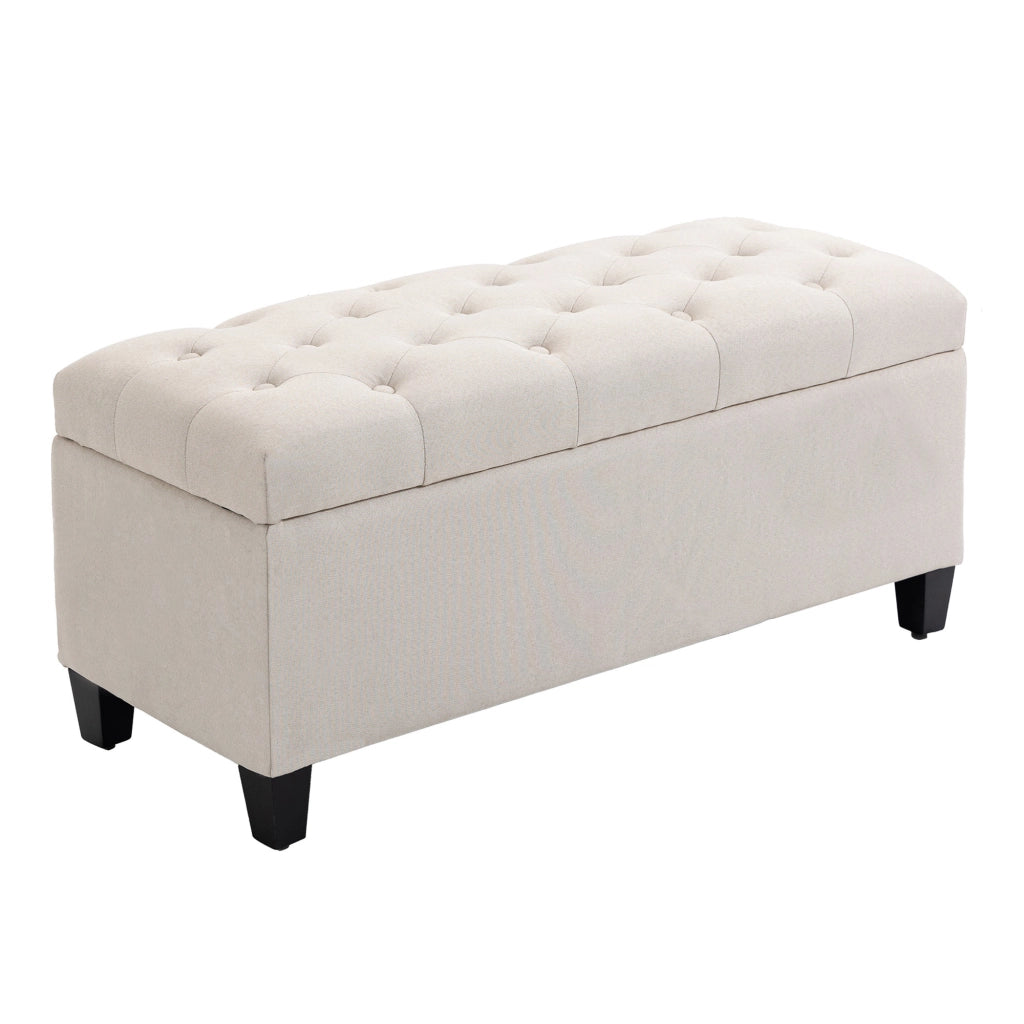 Panca imbottita con contenitore 100 x 40 x 44 cm, crema bianco, in poliestere con gambe in legno di caucciù