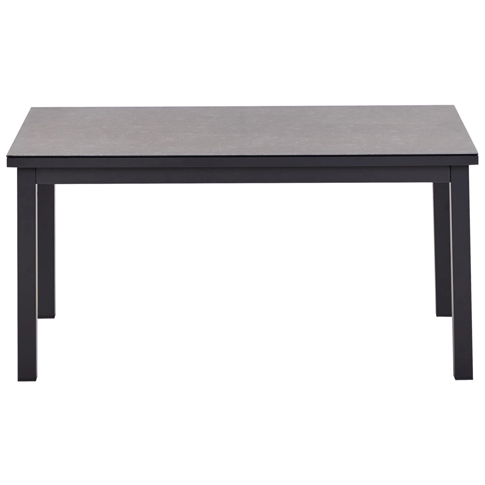 Set da giardino divano 5 posti e tavolo elevabile con struttura bianca e piano in vetro e cuscini nero e verde stile moderno scandinavo