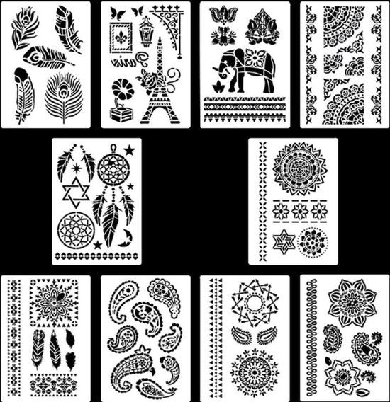 10 Set di Stencil per Animali - Mandala, Fiori, Pavimento, Parete, Pietra, Tessuto - Decorazione DIY per Scrapbook