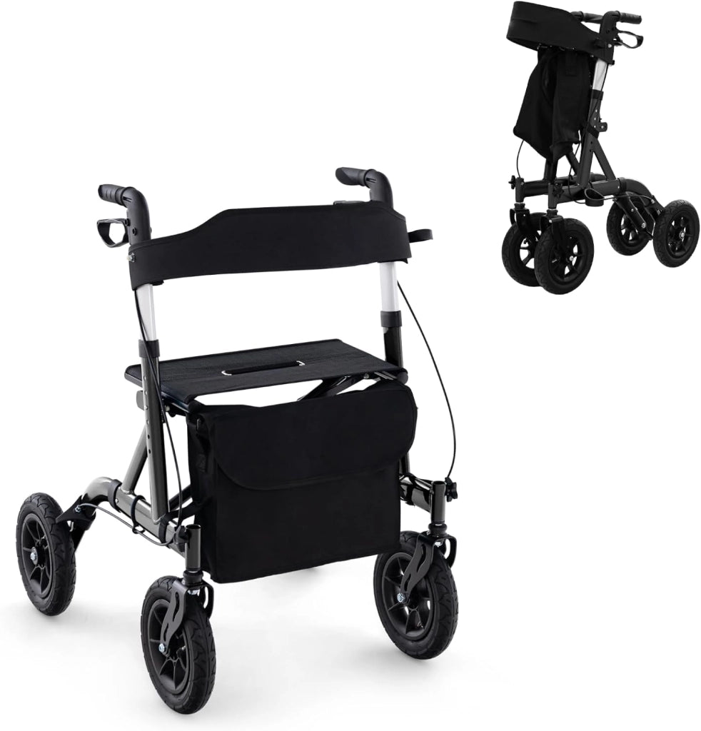 Deambulatore con Seduta 2 in 1, Rollator Pieghevole per Anziani con 4 Ruote, Maniglie Regolabili in Altezza 81-94cm, Portaombrelloni e Borsa Portaoggetti, Carico Massimo 160 kg (Blu)