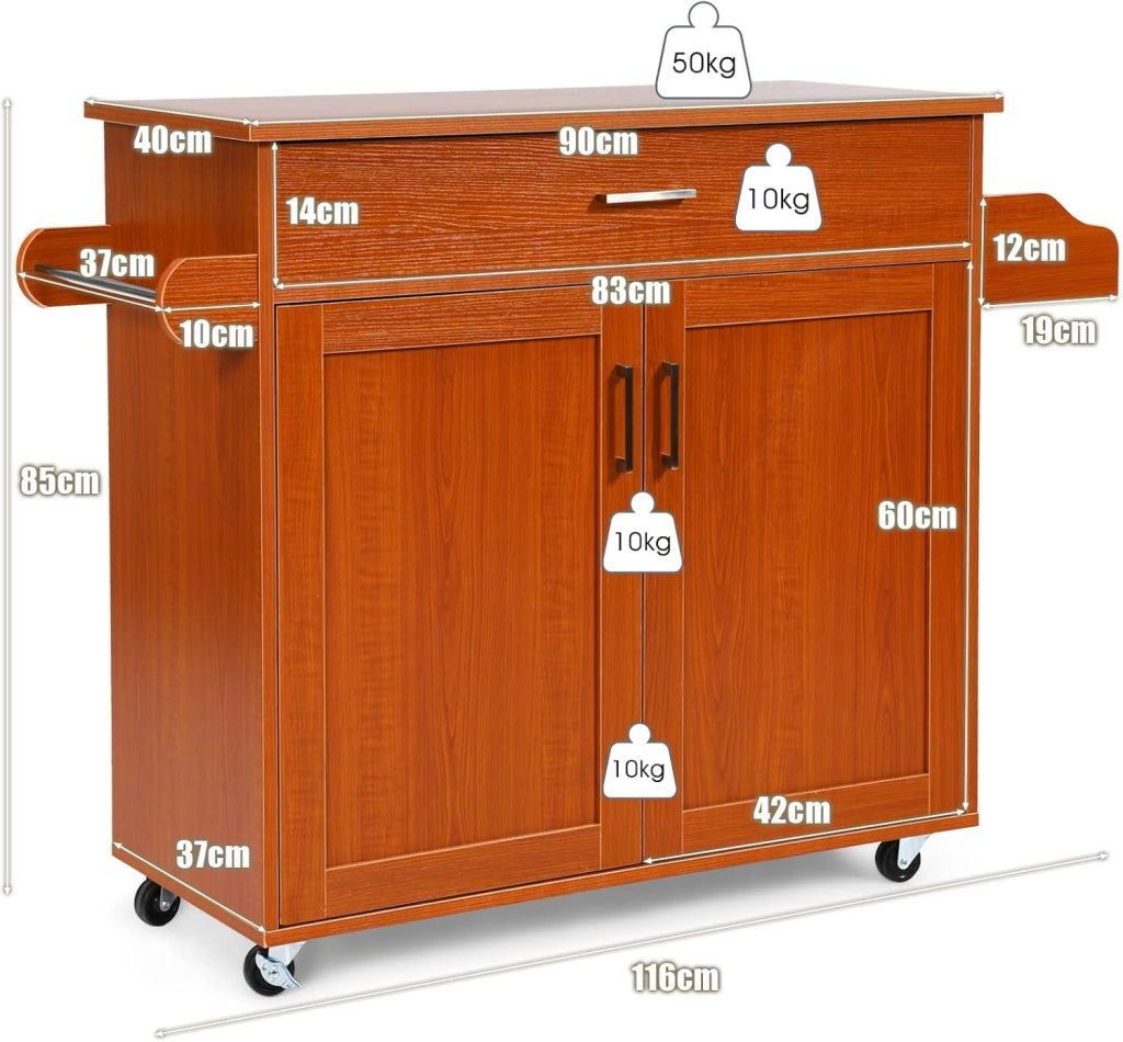 Carrello da cucina con piano di lavoro, armadio da cucina in legno con ruote, trolley da cucina con cassetto e ripiano regolabile, portaspezie, carrello da cucina, 116 x 40 x 85 cm