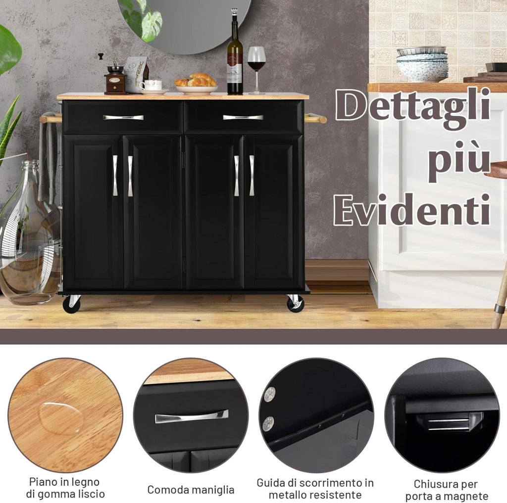 Carrello da Cucina con Cassetti, Isola Cucina con Piano in Legno di Gomma, con 4 Ante Ripiani Regolabili e Porta Asciugamani, per Cucina Bar Ristorante, 122x48x93 cm (Nero)