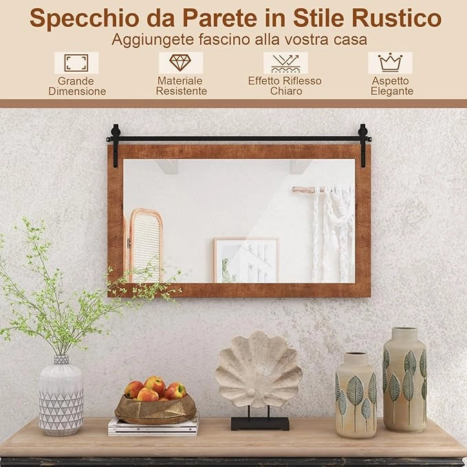 Specchio da Parete 100 x 66 cm, Specchio Rettangolare con Cornice in Legno Massiccio e Staffa in Metallo, Decorazione da Parete per Soggiorno Ingresso Bagno, Marrone (Marrone)