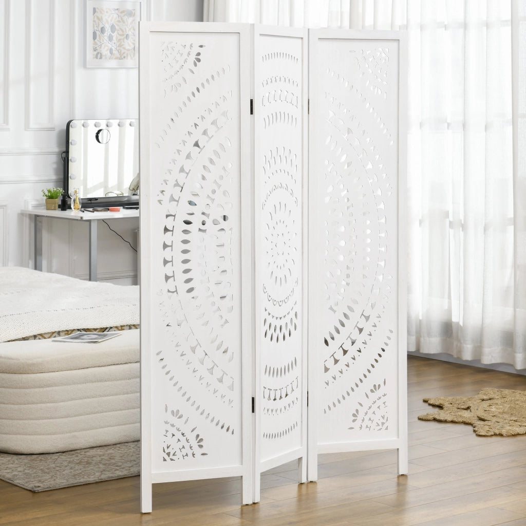Paravento 3 Pannelli 120x170cm in Legno Intagliato Bianco
