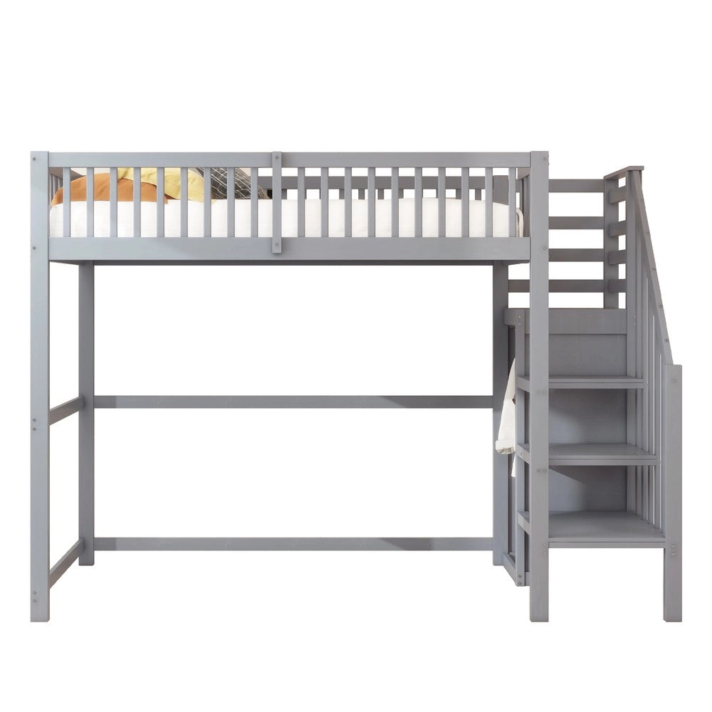 Letto a Soppalco 90x200 con Scala e Ripiani ¨C Xylo ¨C Legno, Grigio