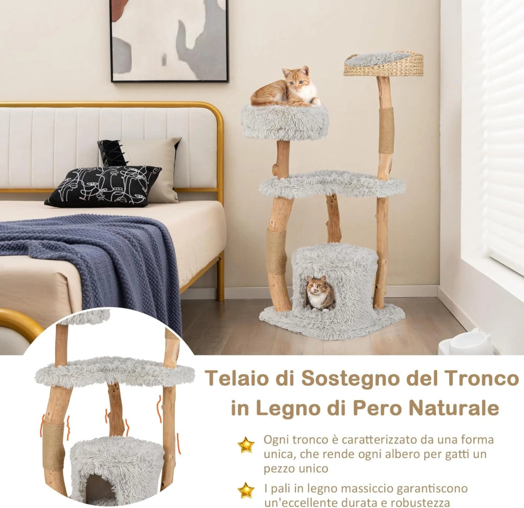 Albero per Gatti in Legno Alto 124 cm, Albero Tiragraffi per Gatti in Legno Massello con Pali di Corda di Juta, Torre Moderno per Animali Domestici Interni a 5 Livelli (Grigio)