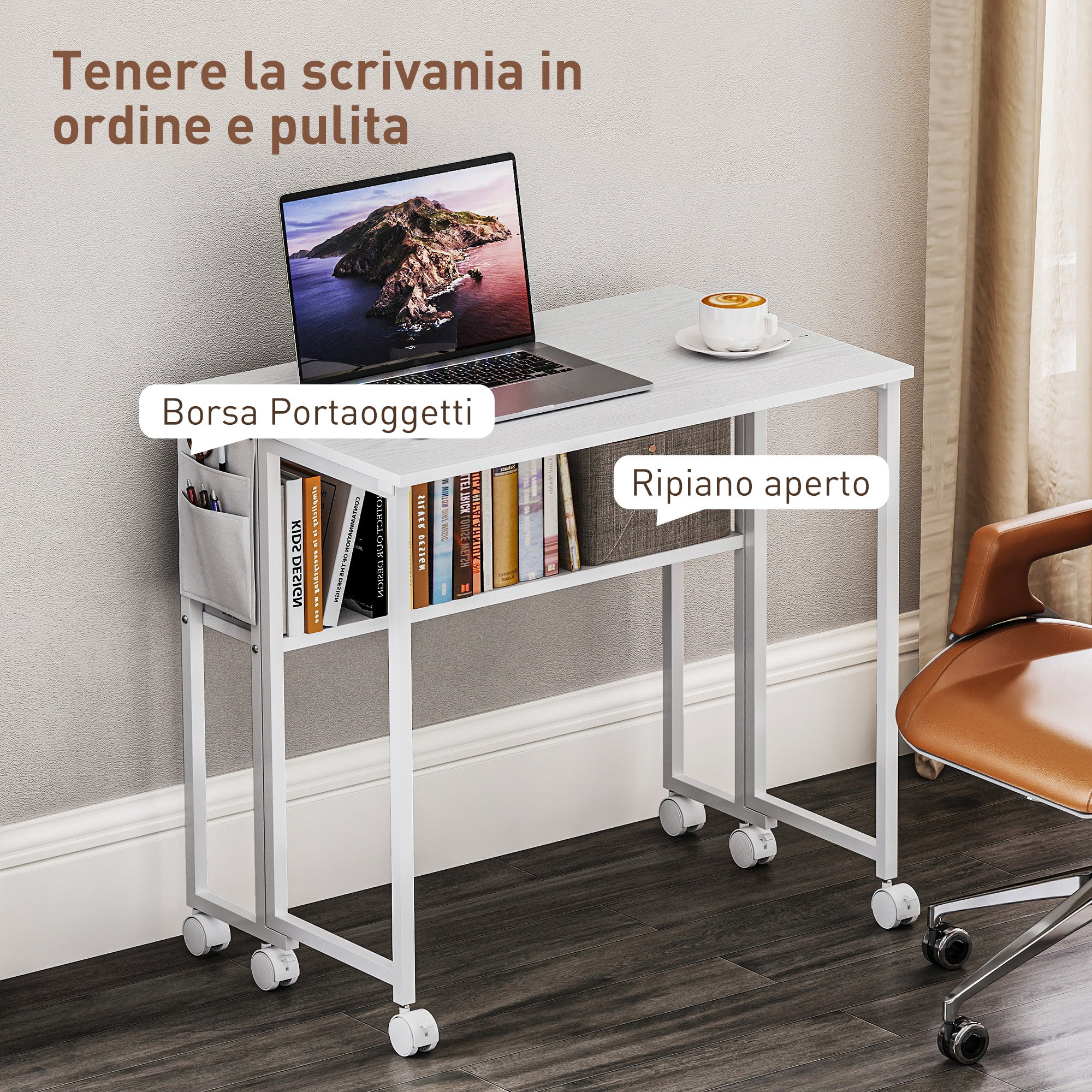 Scrivania Pieghevole Salvaspazio a Ribalta 80x50-21x75 cm con Scaffale e Ruote in MDF Bianco