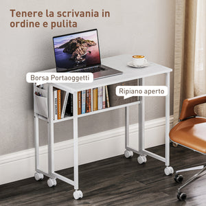 Scrivania Pieghevole Salvaspazio a Ribalta 80x50-21x75 cm con Scaffale e Ruote in MDF Bianco