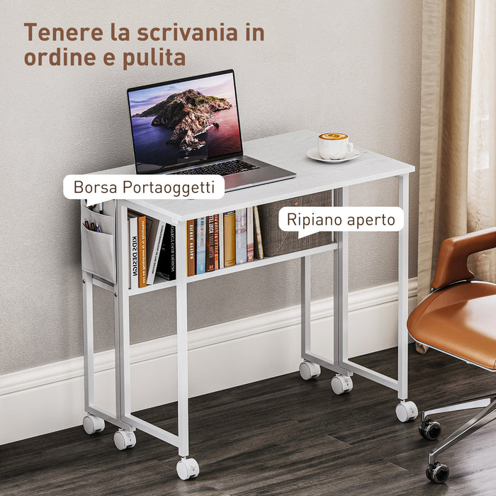 Scrivania Pieghevole Salvaspazio a Ribalta 80x50-21x75 cm con Scaffale e Ruote in MDF Bianco