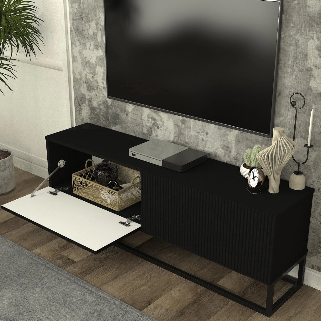Mobile Porta TV Verpsboga a 2 Ante Decorative e Telaio Lungo in Metallo 135x32x47 cm - Nero [en.casa]