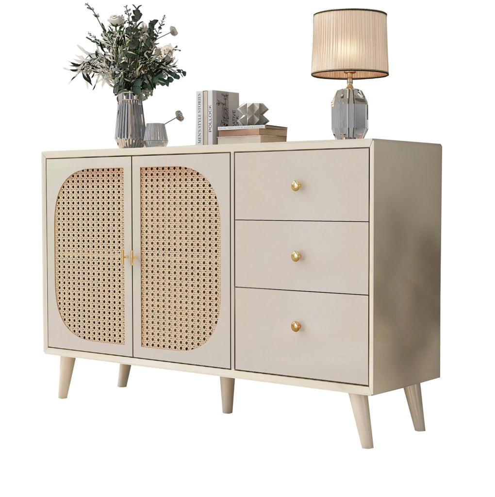 Credenza 120x40x82.5 cm con 2 ante e 3 cassetti; apertura a pressione; bianco crema