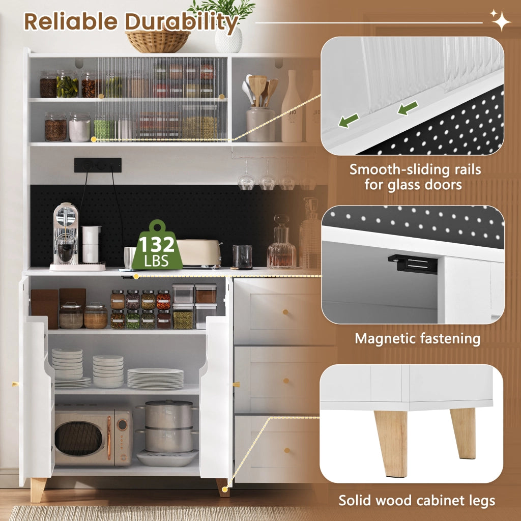 Credenza alta da cucina con 3 Cassetti; Ripiani Regolabili; Prese e Pannello Forato; in MDF; 120x40x184 cm; Bianco