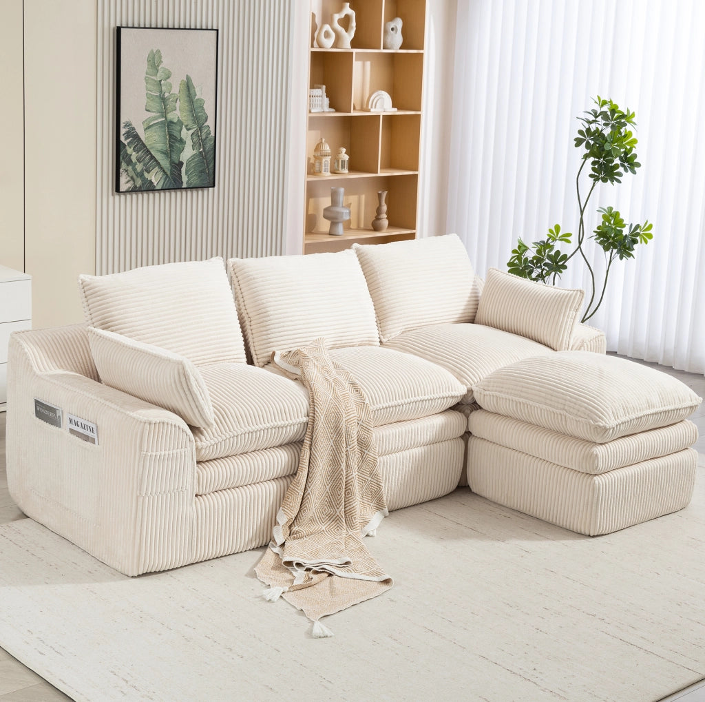 Divano modulare a 3 posti in corduroy beige con pouf; tasche laterali e cuscini 263x167x85 cm
