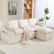 Divano modulare a 3 posti in corduroy beige con pouf; tasche laterali e cuscini 263x167x85 cm