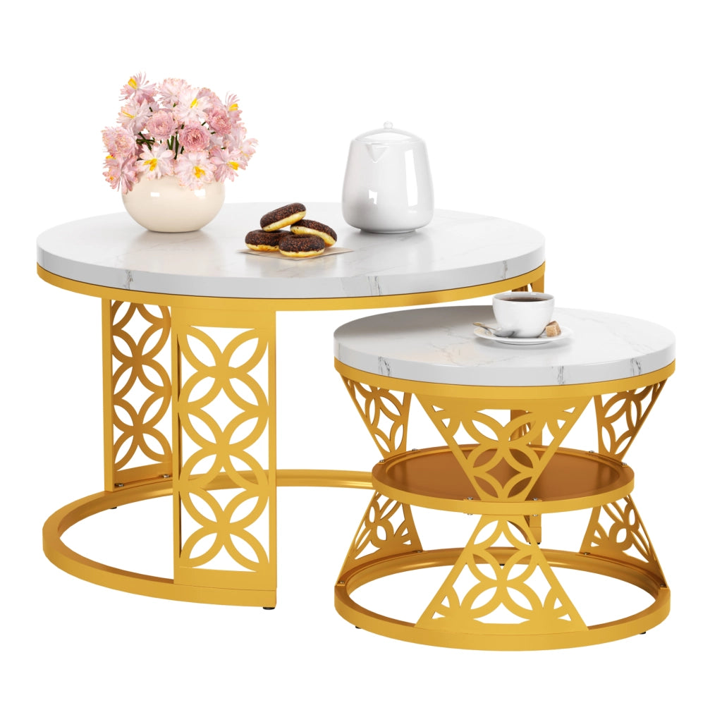TAVOLINO DA CAFFÈ Set 2 Pezzi 70x70x45 cm Effetto Marmo Bianco con Struttura Color Oro