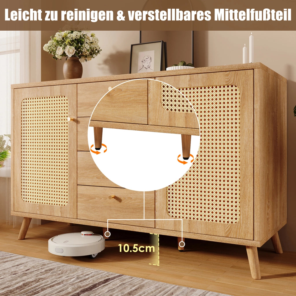 CREDENZA 140x40x86 cm Rovere Chiaro Effetto Rattan 4 Cassetti 2 Ante