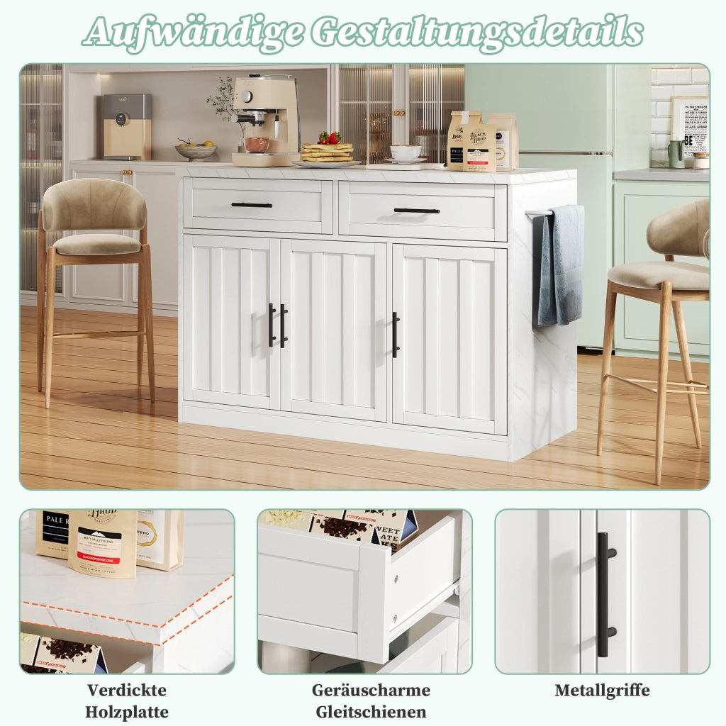 Isola da cucina 120x60x91 cm con piano bar, prese USB, cassetti e ante, bianco