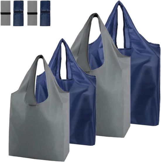 Borsa da Spesa Pieghevole 4 Pezzi Borse da Spesa Reutilizzabili 56×69cm/46×66cm Amichevole con l'ambiente (Blu Grigio) LXL Blu Grigio